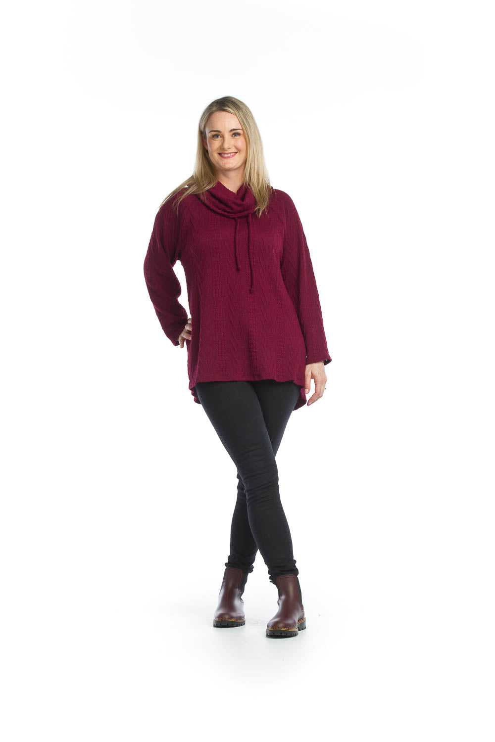 SALE Papillon ST13316 Burgundy Cable Knit Tunic with Hood