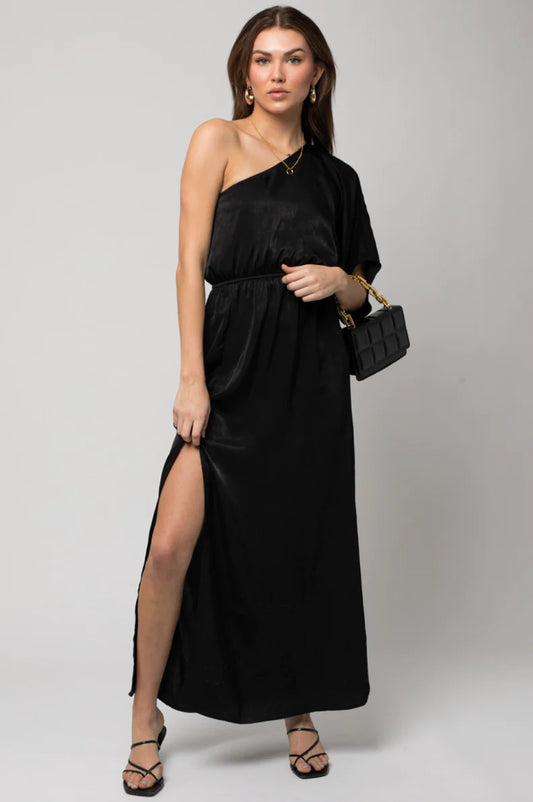 FI Black One Shoulder Slit Maxi Dress
