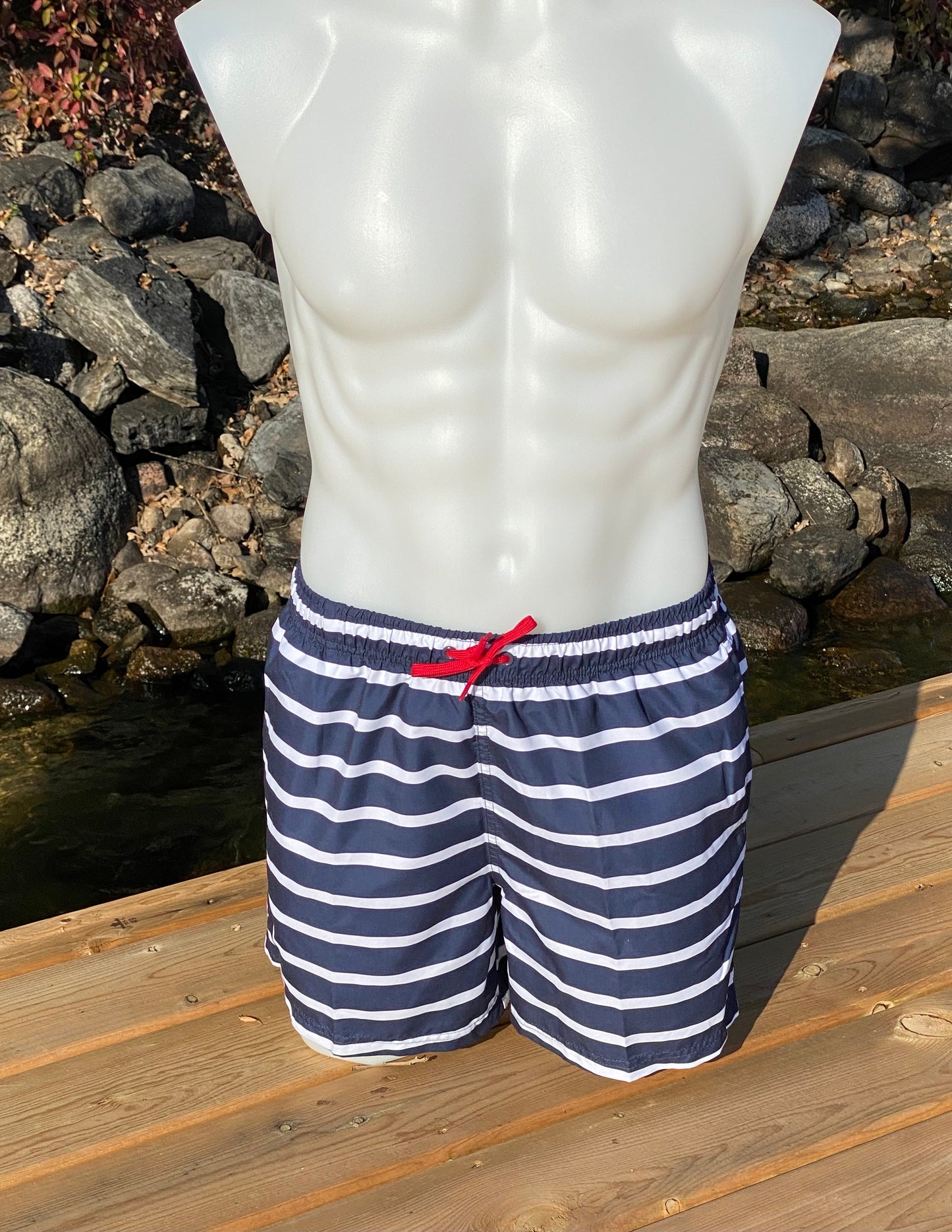 Men's Navy and White Striped Swim Short