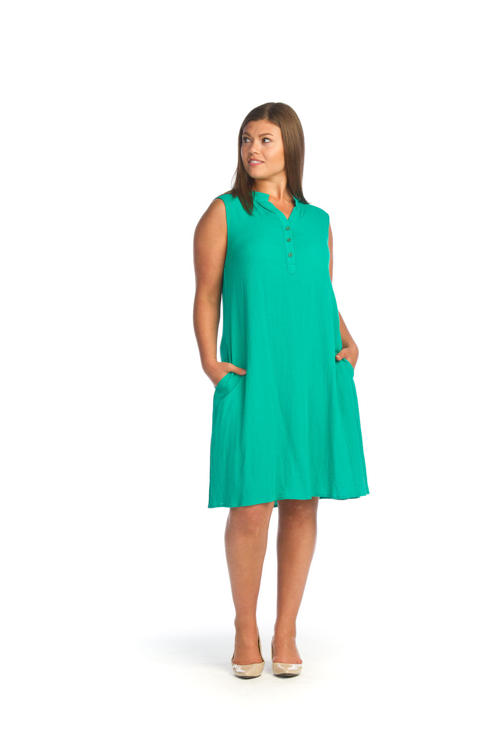 SALE Papillon PD14596 Green Henley Dress with Pockets