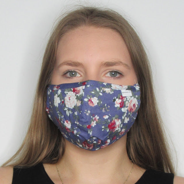 Adult Blue Floral Cotton Mask with Adjustable Ear Pieces