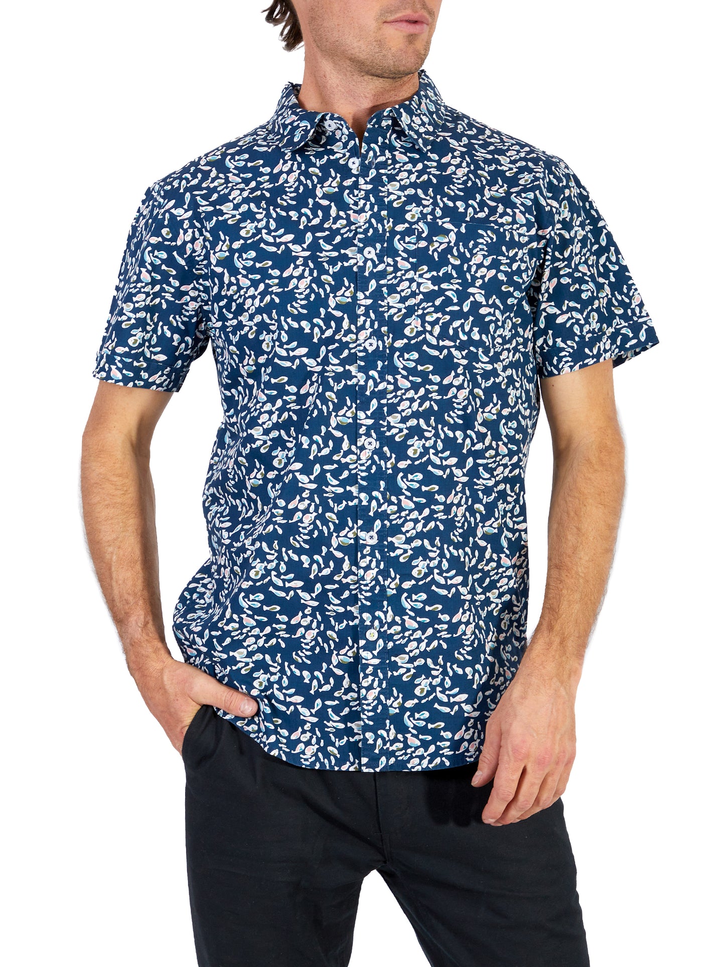 Silver Men's Navy Fish Button up Top
